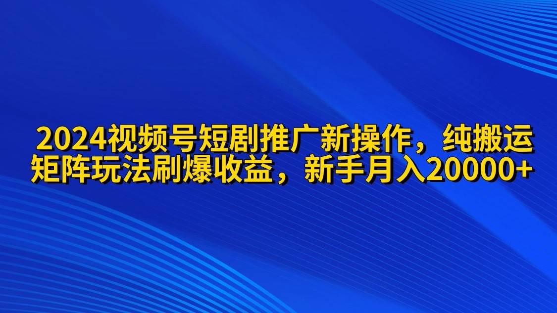 2024视频号短剧推广新操作 纯搬运+矩阵连爆打法刷爆流量分成 小白月入20000-石龙大哥笔记