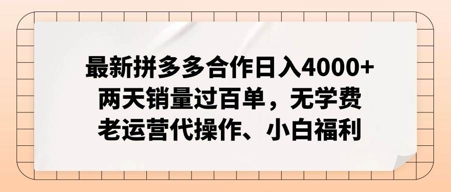 最新拼多多合作日入4000+两天销量过百单，无学费、老运营代操作、小白福利-石龙大哥笔记